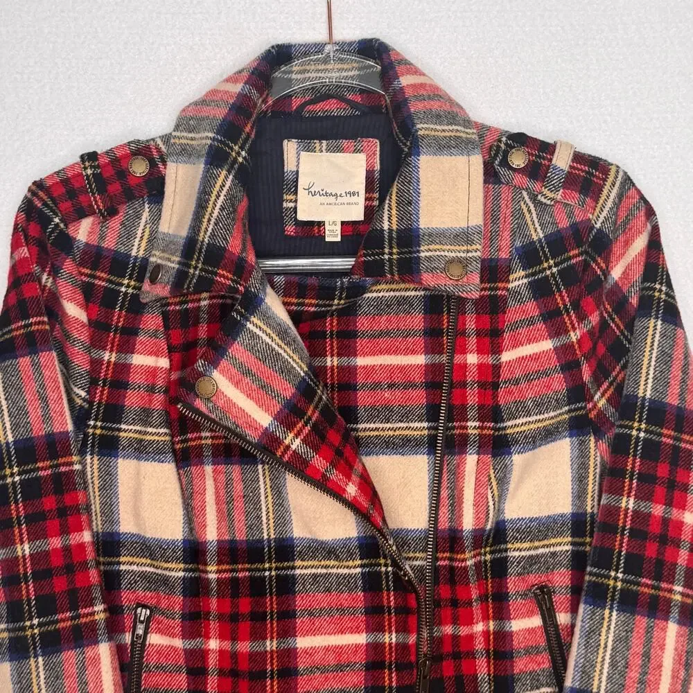 Heritage 1981 Wool Blend Plaid Moto Biker Jacket Belted Red Tartan Preppy Small